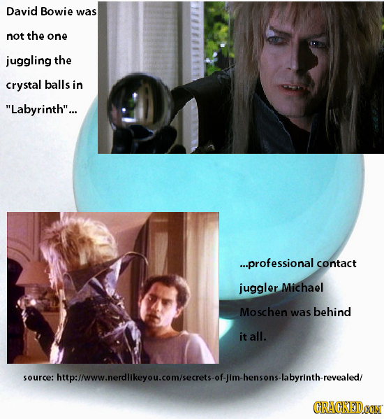 David Bowie was not the one juggling the crystal balls in Labyrinth... ...professional contact juggler Michael Moschen was behind it all. soIReltpin