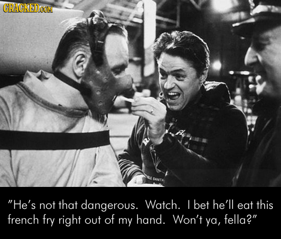 CRACKED He's not that dangerous. Watch. bet he'll eat this french fry right out of my hand. Won't fella? ya,