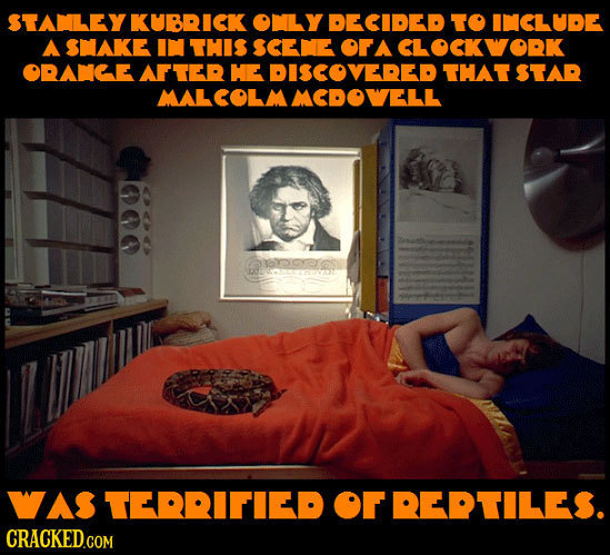 STANLEY KUBRICK ONLY ECIDED TO IMCLUDE A SAKE IN ThIS SCENE or A CLOCKWORK ORANGE AFTER NE DISCOVERED THAT STAR MALCOLMMCDOVELL was TERRirIEd of RERTI