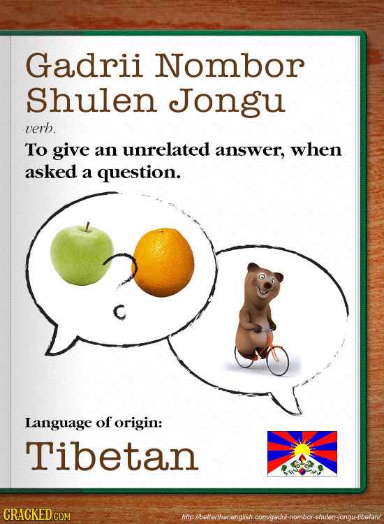 Gadrii Nombor shulen Jongu verb. To give an unrelated answer, when asked a question. Language of origin: Tibetan CRACKEDC hhplbeterhanenglish comgedri