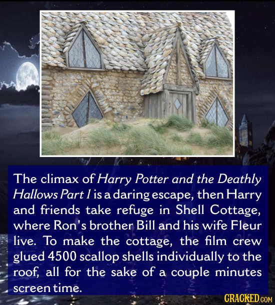 The climax of Harry Potter and the Deathly Hallows Part I is a daring escape, then Harry and friends take refuge in Shell Cottage, where Ron's brother