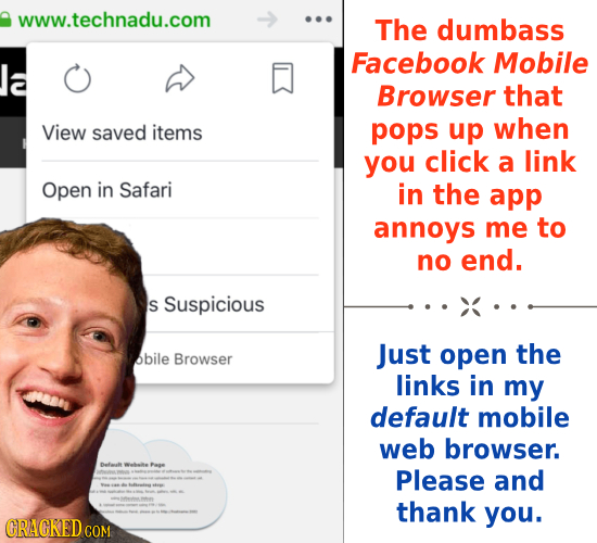 www.technadu.com The dumbass Facebook Mobile a Browser that View when saved items pops up you click a link Open in Safari in the app annoys me to no e