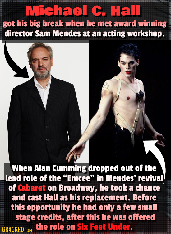 Michael C. Hall got his big break when he met award winning director Sam Mendes at an acting workshop. When Alan Cumming dropped out of the lead role