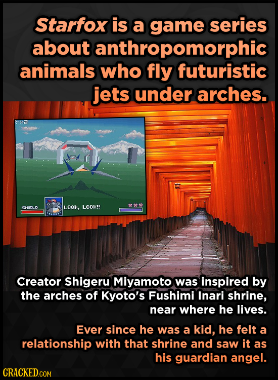 Starfox is a game series about anthropomorphic animals who fly futuristic jets under arches. SHIELD LOOK, LOOK!! Creator Shigeru Miyamoto was inspired
