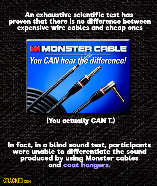 An exhaustive scientific test has proven that there is no difference between expensive wire cables and cheap ones MOMONSTER CABLE You CAN hear the dif