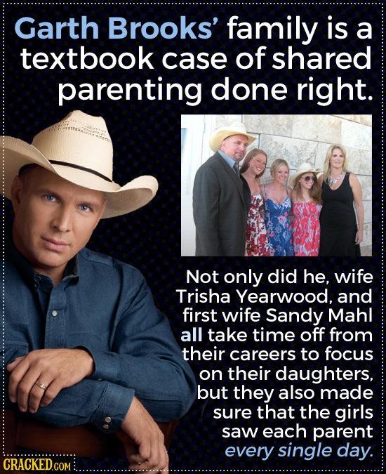 Garth Brooks' family is a textbook case of shared parenting done right. Not only did he, wife Trisha Yearwood, and first wife Sandy Mahl all take time