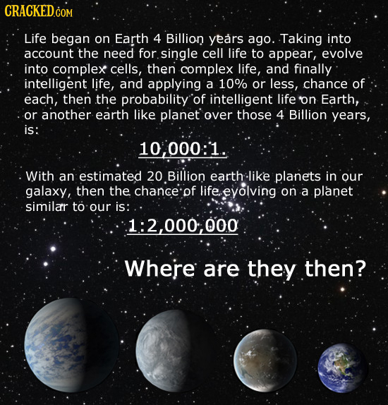CRACKED.c COM Life began on Earth 4 Billion years ago. Taking into account the need for .single cell life to appear, evolve into complex cells, then c