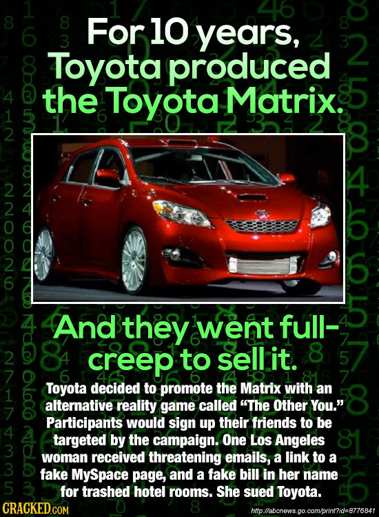 8 8 6 For 10 years, 3 Toyota produced 4 the Toyota Matrixe 6 6 And they went full- sell 8 2 creep to it. 5 6 Toyota decided to promote the Matrix with