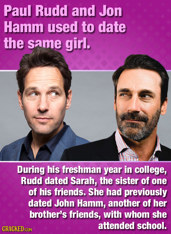 Paul Rudd and Jon Hamm used to date the same girl. During his freshman year in college, Rudd dated Sarah, the sister of one of his friends. She had pr