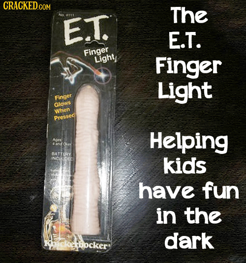 CRACKED.COM The E.T. E.T. Finger Light Finger Light Finger Glows When Pressed Helping Ae Oey BATTERY INCATDEC kids have fun in the dark rckerbocker