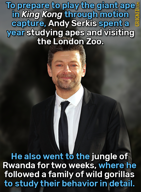 To prepare to play the giant ape in King Kong through motion capture, Andy Serkis spent a year studying apes and visiting CRAGH the London Zoo. He als