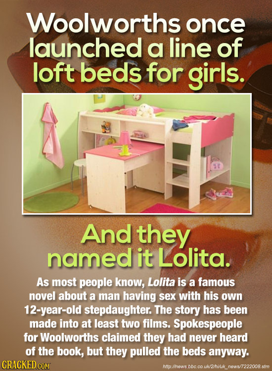 Woolworths once launched a line of loft beds for girls. ET And they named it Lolita. As most people know, Lolita is a famous novel about a man having