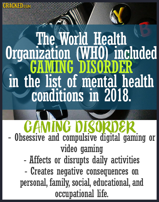 CRACKED CO COM The World Health Organization (WHO) included GAMING DISORDER in the list of mental health conditions in 2018. CAMINC DISORDER - Obsessi