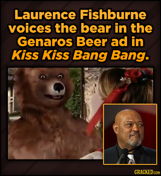 Famous People’s Voices (Secretly) In Your Favorite Movies - Laurence Fishburne voices the bear in the Genaros Beer ad in Kiss Kiss Bang Bang. 