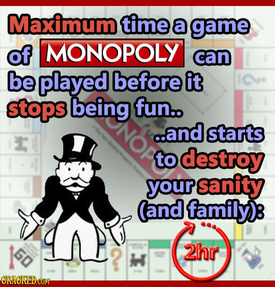 Maximum time a game of MONOPOLY can be played before it stops being fun.. ..and starts to destroy your sanity (and family)e 60 2hr h CRACKEDCON