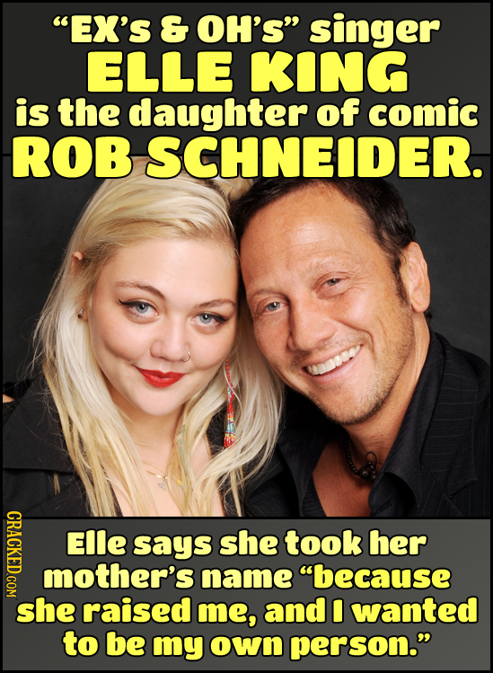 EX'S & OH'S singer ELLE KING is the daughter of comic ROB SCHNEIDER. EIle says she took her mother's name because she raised me, and wanted to be m