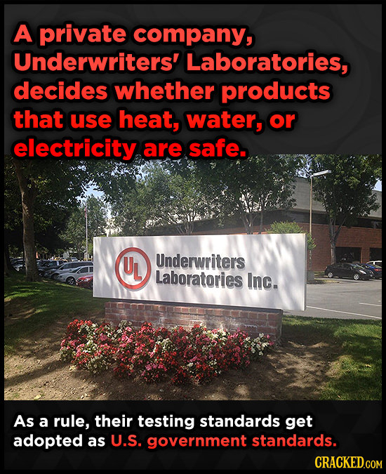 A private company, Underwriters' Laboratories, decides whether products that use heat, water, or electricity are safe. UL Underwriters Laboratories In