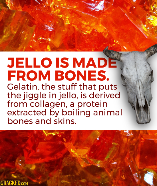 JELLO IS MADE FROM BONES. Gelatin, the stuff that puts the jiggle in jello, is derived from collagen, a protein extracted by boiling animal bones and 