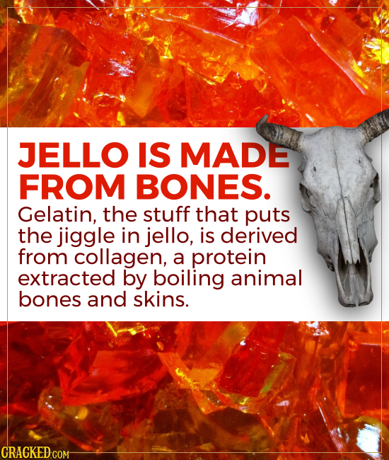 JELLO IS MADE FROM BONES. Gelatin, the stuff that puts the jiggle in jello, is derived from collagen, a protein extracted by boiling animal bones and