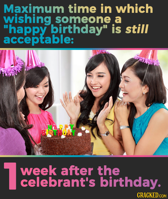 Maximum time in which wishing someone a happy birthday is still acceptable: BRTHORY 1 week after the celebrant's birthday. CRACKED.COM