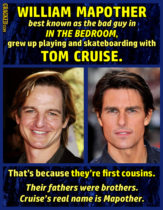 GRAOT WILLIAM MAPOTHER best known as the bad guy in IN THE BEDROOM, grew up playing and skateboarding with TOM CRUISE. That's because they're first co