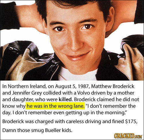 In Northern Ireland, on August 5, 1987, Matthew Broderick and Jennifer Grey collided with a Volvo driven by a mother and daughter, who were killed. Br