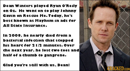 pean Wincers played Ryan O'Reily on oz. He went on to play Johnny Gavin on Rescue Me. Today, he's best known as Mayhem in ads for All State Insurance.