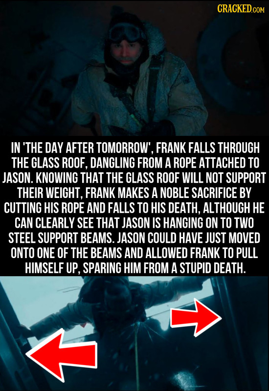 CRACKED.COM IN 'THE DAY AFTER TOMORROW', FRANK FALLS THROUGH THE GLASS ROOF, DANGLING FROM A ROPE ATTACHED TO JASON. KNOWING THAT THE GLASS ROOF WILL