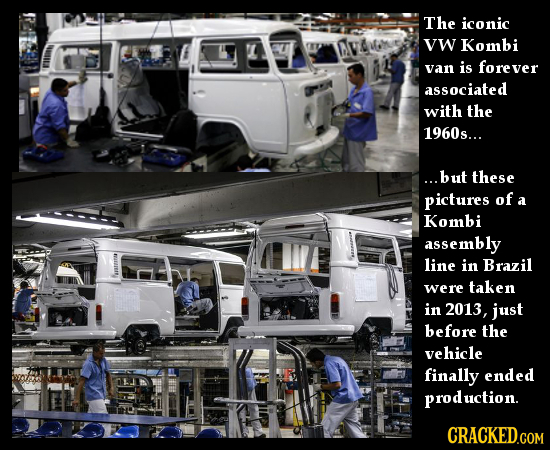 The iconic vw Kombi van is forever associated with the 1960s... ...but these pictures of a Kombi assembly line in Brazil were taken in 2013, just befo
