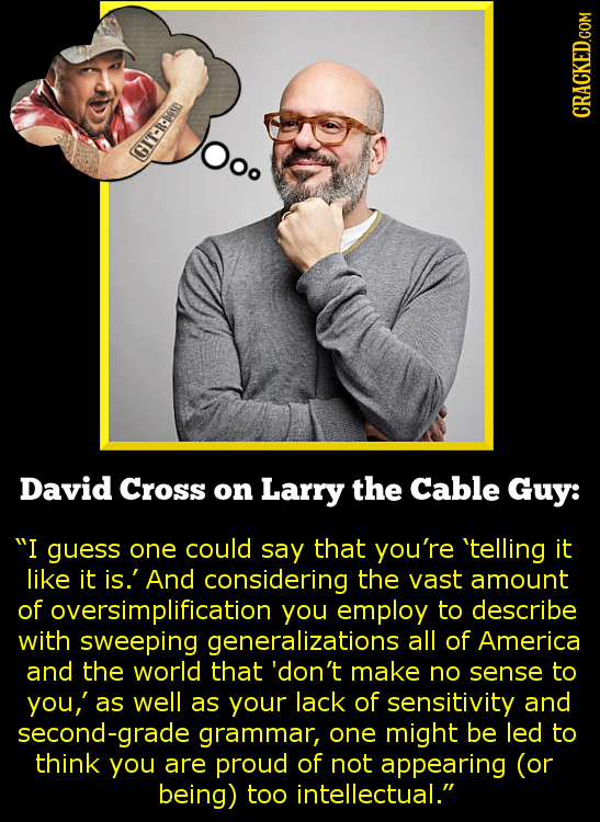 CRACKED.COM OOo IT-Rm David Cross on Larry the Cable Guy: I guess one could say that you're 'telling it like it is.' And considering the vast amount