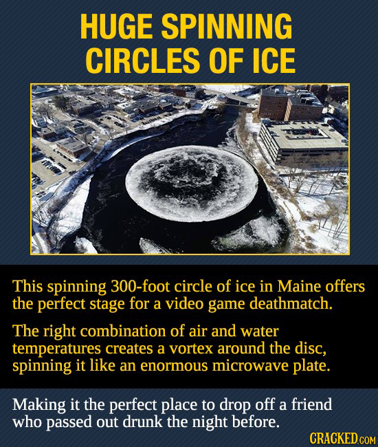 HUGE SPINNING CIRCLES OF ICE This spinning 300-foot circle of ice in Maine offers the perfect stage for a video game deathmatch. The right combination