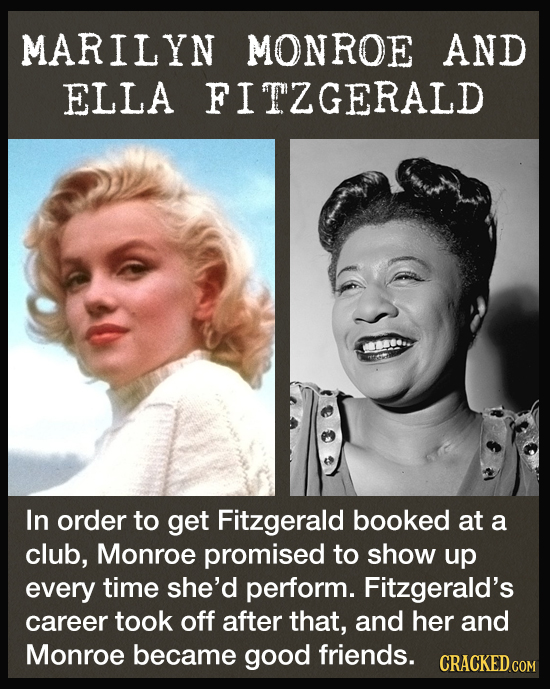 MARILYN MONROE AND ELLA FITZGERALD In order to get Fitzgerald booked at a club, Monroe promised to show up every time she'd perform. Fitzgerald's care