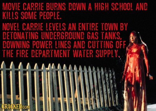 MOVIE CARRIE BURNS DOWN A HIGH SCHCO! AND KILIS SOME PEOPLE. NOVEI CARRIE LEVEIS AN ENTIRE TOWN BY DETONATING UNDERGRCUND GAS TANKS, COWNING POWER LIN