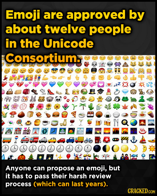 Emoji are approved by about twelve people in the Unicode Consortium. od OO 00: Y 4 Anyone can propose an emoji, but it has to pass their harsh review 