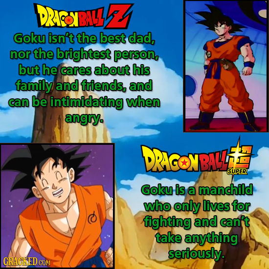 DRACONBALL Goku isn't the best dad, nor the brightest persong but he cares about his family and friends, and can be intimidating when angry. DRACONBAL
