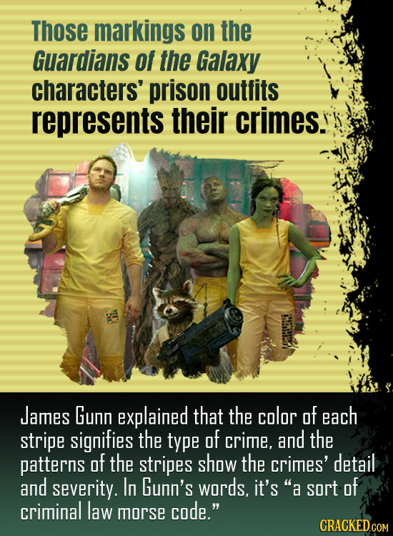 Those markings on the Guardians of the Galaxy characters' prison outfits represents their crimes. James Gunn explained that the color of each stripe s