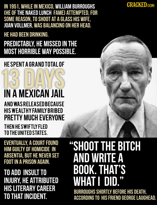 IN 1951. WHILE IN MEXICO, WILLIAM BURROUGHS CHE OF THE NAKED LUNCH FAME) ATTEMPTED, FOR SOME REASON. TO SHOOT AT A GLASS HIS WIFE. JOAN VOLLMER, WAS B
