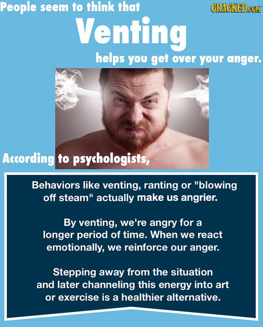 People seem to think that CRACKEDCON Venting helps YoU get over your anger. According to psychologists, Behaviors like venting, ranting or blowing of