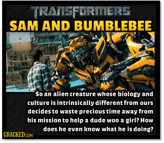 TRANSFORITERS SAM AND BUMBLEBEE So an alien creature whose biology and culture is intrinsically different from ours decides to waste precious time awa