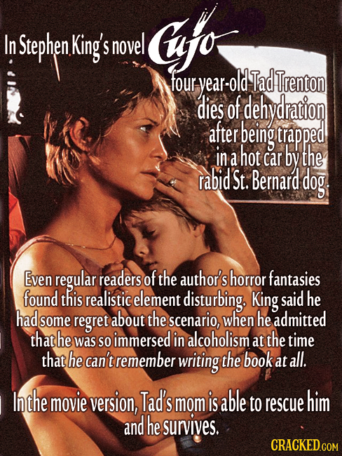 Cafos In Stephen King's novel four year-old Tad Trenton dies of dehydration after being trapped in hot car the a by rabid's St. Bernard dog. Even regu