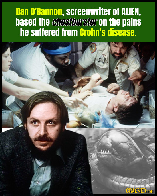 Dan O'Bannon, screenwriter of ALIEN, based the chestburster on the pains he suffered from Crohn's disease.
