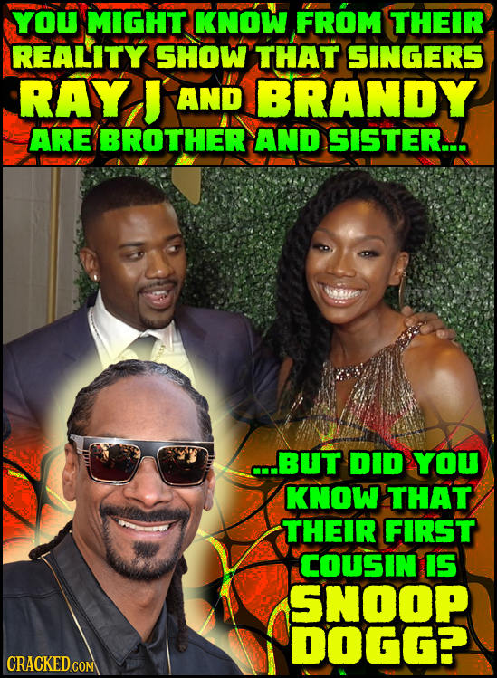 YOU MIGHT KNOW FROM THEIR REALITY SHOW THAT SINGERS RAY J AND BRANDY ARE BROTHER AND SISTER... AM C..BUT DID YOU KNOW THAT THEIR FIRST COUSIN IS SNOOP