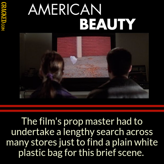 CRACKED.COM AMERICAN BEAUTY WI The film's prop master had to undertake a lengthy search across many stores just to find a plain white plastic bag for