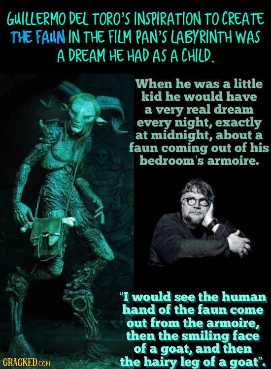GUILLERMO DEL TORO'S INSPIRATION TO CREATE THE FAUN IN THE FILM PAN'S LABYRINTH WAS A DREAM HE HAD AS A CHILD. When he was a little kid he would have