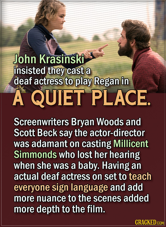 15 Actors Behind Important Details In Movies And Shows - John Krasinski insisted they cast a deaf actress to play Regan in A Quiet Place. Screenwrite