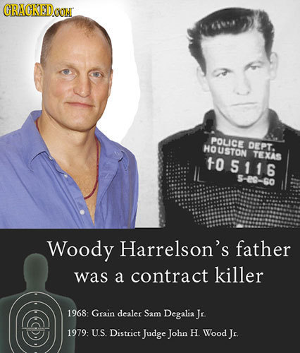 CRACKEDCON POLICE HOUSTON DEPT. TEXAS 10 5116 5-20--60 Woody Harrelson's father was a contract killer 1968: Grain dealer Sam Degalia Jr. 1979: US Dist