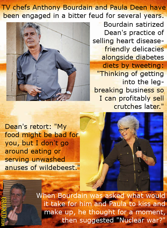 TV chefs Anthony Bourdain and Paula Deen have been engaged in a bitter feud for several years. Bourdain satirized Dean's practice of selling heart dis