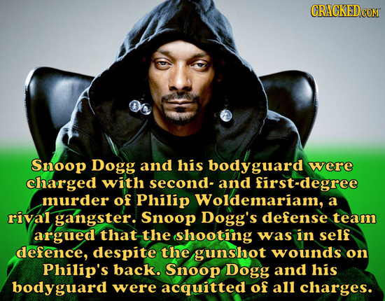 CRACKED COM Snoop Dogg and his bodyguard were charged with second- and irst-degree murder of Philip Woldemariam, a rival gangster. Snoop Dogg's defens