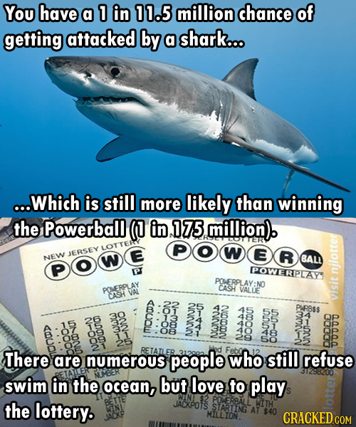 You have a 1 in 11.5 million chance of getting attacked by a shark... ...Which is still more likely than winning the Powerball (0 in 175 million) LOTT