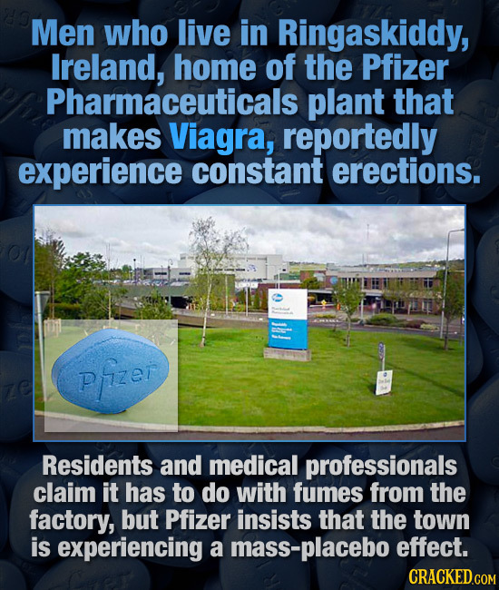 Men who live in Ringaskiddy, Ireland, home of the Pfizer Pharmaceuticals plant that makes Viagra, reportedly experience constant erections. Pfizer Res